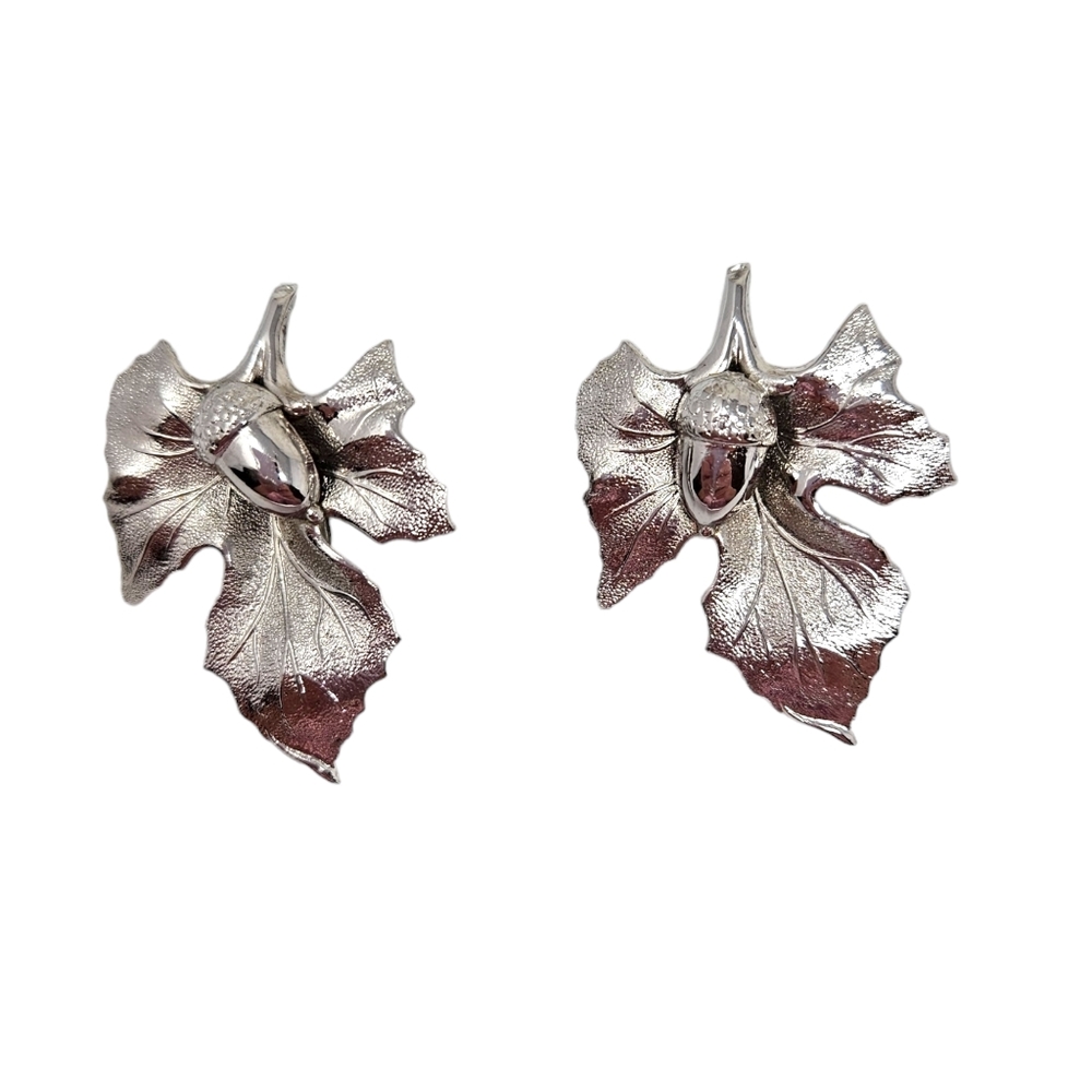 Vintage Marino Silver Tone Leaf with Acorn Clip Earrings Signed